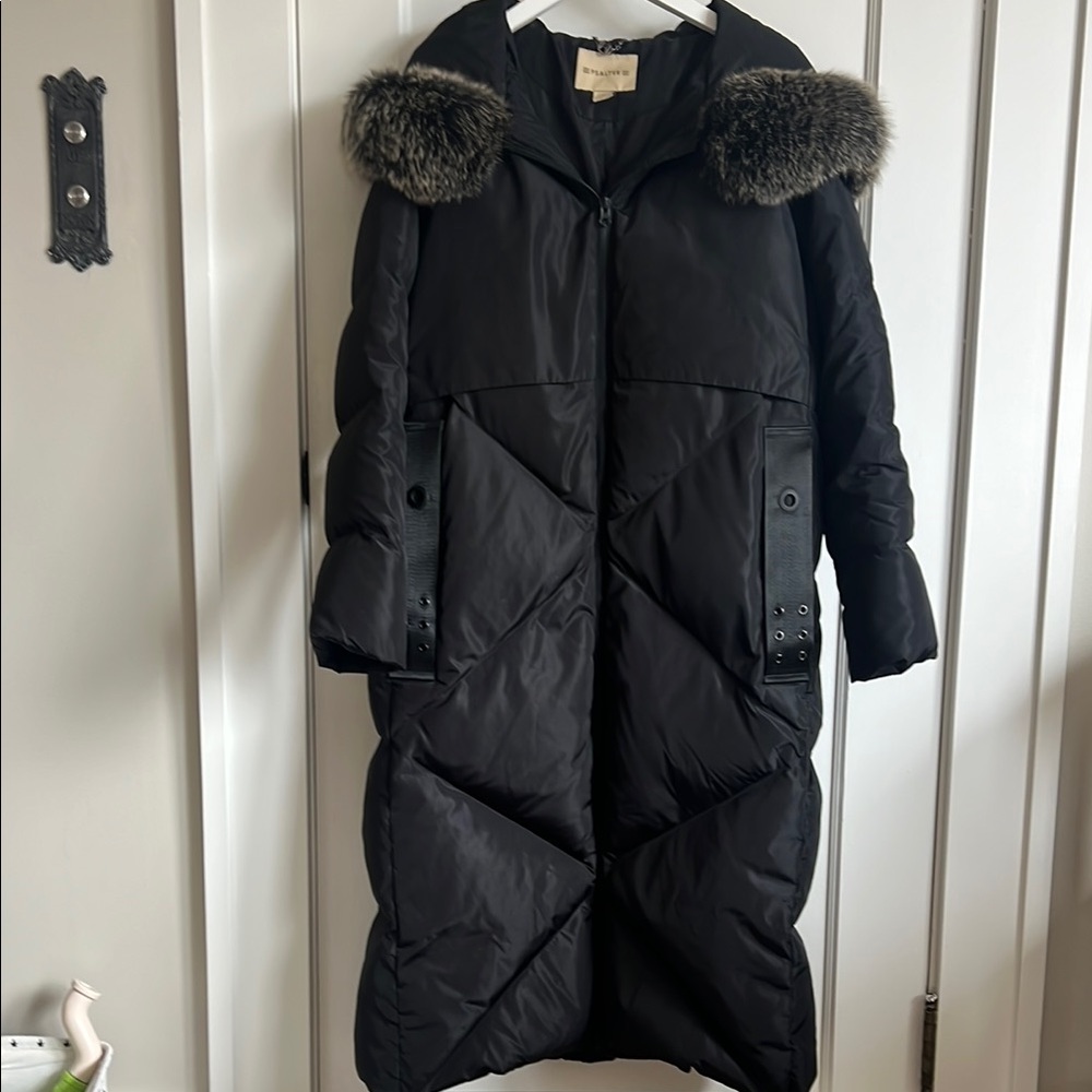 Black Long Hooded Down Puffer Coat with Fur Trim